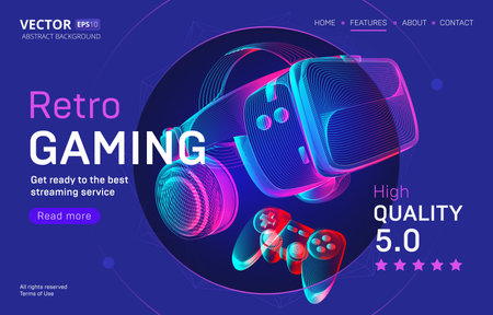 Retro gaming streaming service landing page template with VR helmet and gamepad. Outline vector illustration of headset and joystick in 3d neon line art style on abstract backgroundのイラスト素材