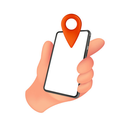 Human hand holding smartphone with a white screen and red location marker. Vector illustration of mobile device with an empty display isolated on a white backgroundのイラスト素材