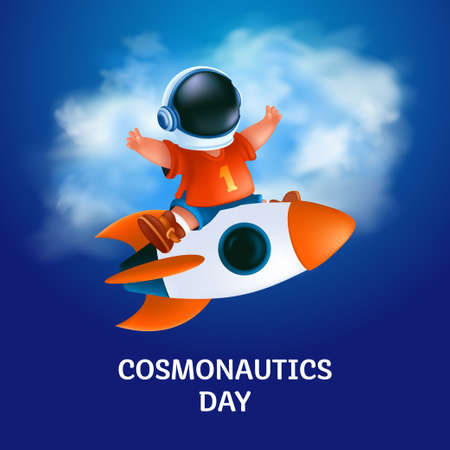 Poster or greeting card to 12 April - International Cosmonautics Day. The first human space flight. Vector illustration of kid astronaut in a helmet on the flying rocket on blue and cloudy backgroundのイラスト素材