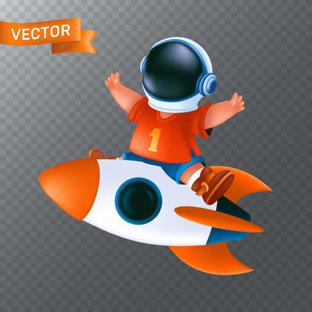 Little kid in astronaut's helmet rides on a flying rocket. Vector illustration of a happy boy with a spaceship isolated on a transparent backgroundのイラスト素材