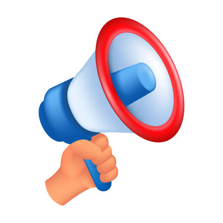 Human hand holding a loudspeaker. 3D cartoon vector illustration of a male hand with a megaphone isolated on a white backgroundのイラスト素材