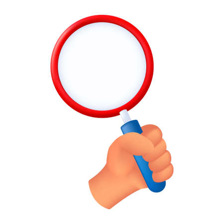 Human hand holding a magnifying glass. 3D cartoon vector illustration of a male hand with a loupe isolated on a white backgroundのイラスト素材