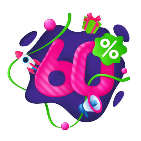 60 Percent Discount Price Tag. 60% Special Offer Promotion Label. Sale badge with advertising symbols on abstract wavy background. 3d vector illustration isolated on a whiteのイラスト素材