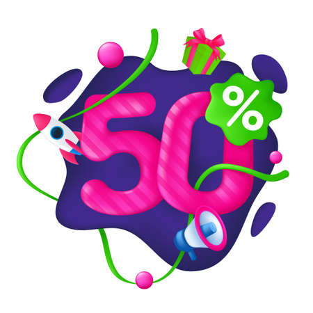 50 Percent Discount Price Tag. 50% Special Offer Promotion Label. Sale badge with advertising symbols on abstract wavy background. 3d vector illustration isolated on a whiteのイラスト素材