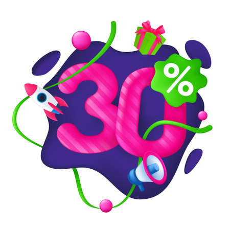 30 Percent Discount Price Tag. 30% Special Offer Promotion Label. Sale badge with advertising symbols on abstract wavy background. 3d vector illustration isolated on a whiteのイラスト素材