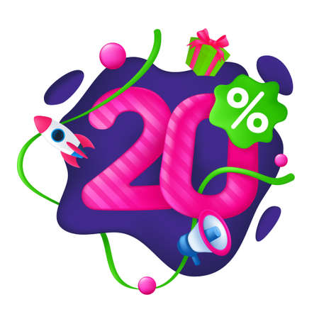 20 Percent Discount Price Tag. 20% Special Offer Promotion Label. Sale badge with advertising symbols on abstract wavy background. 3d vector illustration isolated on a whiteのイラスト素材