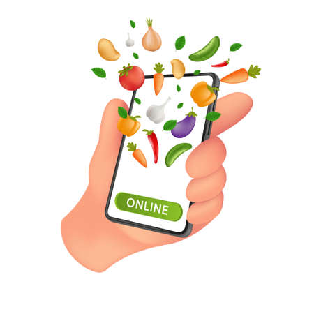 Fresh Farm grocery market. Food service online order and Delivery. Human hand holding a mobile smartphone with natural vegetables on the screen. Vector illustration isolated on a white backgroundのイラスト素材