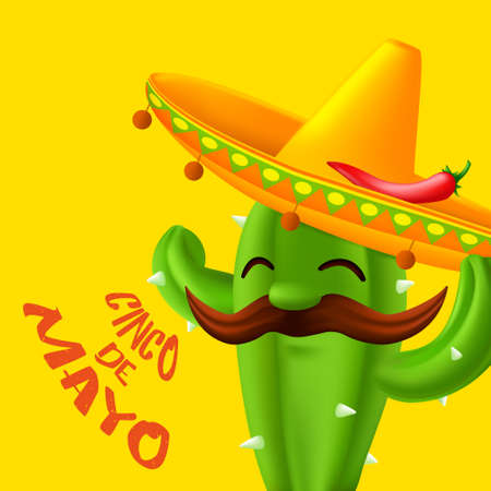 Mexican cactus with mustaches in a sombrero hat with red chili pepper on it. Funny cartoon character isolated on a yellow background. Vector illustration to 5th of May Cinco de Mayo holidayのイラスト素材