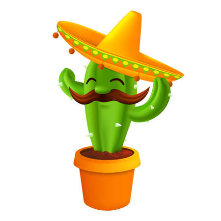Mexican cactus with mustaches in a sombrero hat. Funny cartoon character isolated on white background. Vector illustration to 5th of May Cinco de Mayo holidayのイラスト素材