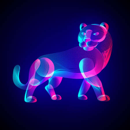 Tiger silhouette. Outline vector illustration of standing tigress - symbol of the year in the Chinese zodiac calendar. Stylized wild animal in 3d line art style on glowing neon abstract backgroundのイラスト素材
