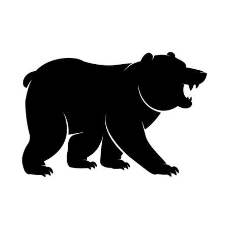 Black Silhouette of a standing and roaring Bear icon. Vector illustration of an angry monochrome arctic animal, polar bear or Grizzly logo with big clawed paws isolated on a white backgroundのイラスト素材