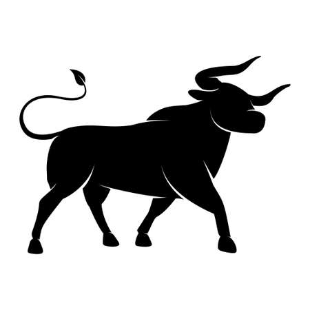 Black Silhouette of a standing Bull icon - symbol of the year in the Chinese zodiac calendar. Vector illustration of a monochrome Bison or an Ox logo isolated on a white backgroundのイラスト素材