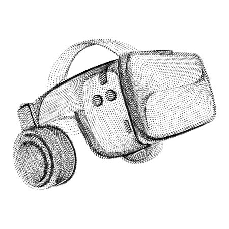 Headset silhouette consisting of black dots and particles. 3D vector wireframe of a virtual reality helmet with a grain texture. Video game device icon with abstract dotted structure isolated on whiteのイラスト素材
