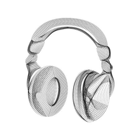 Headphones silhouette consisting of black dots and particles. 3D vector wireframe of an audio device with a grain texture. Abstract geometric icon with dotted structure isolated on a white backgroundのイラスト素材