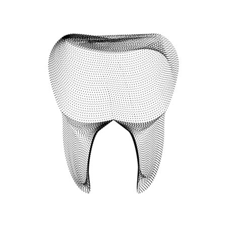 Tooth silhouette consisting of black dots and particles. 3D vector wireframe of a molar dent with a grain texture. Abstract geometric dental icon with dotted structure isolated on a white backgroundのイラスト素材