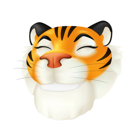 Cute cartoon smiling tiger head. Zodiac symbol of the year by the Chinese calendar. Vector funny illustration of a striped wildlife animal character isolated on a white background. 3D iconのイラスト素材