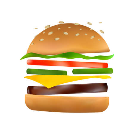 Floating burger with flying ingredients: pickles, tomato, cheese, beef patty, lettuce, toasted sesame bun. Classic burger icon. Cartoon vector illustration of American hamburger on white backgroundのイラスト素材