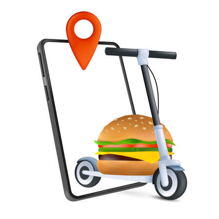 Fast food home delivery concept with an electric kick scooter, phone and classic burger. A modern way of delivering. 3d icon. Cartoon vector illustration of online order isolated on a white backgroundのイラスト素材