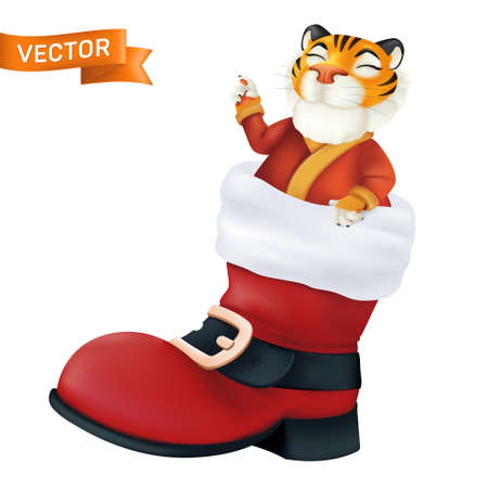 Cute cartoon smiling tiger sticking out of Santa Claus red boot. Chinese zodiac symbol of the year. Realistic vector illustration of funny character and Christmas footwear isolated on white backgroundのイラスト素材