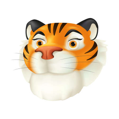 Cute cartoon red tiger head. Vector funny illustration of a striped wildlife animal character with a smiling facial emotion isolated on a white background. Symbol of the year by the Chinese calendarのイラスト素材