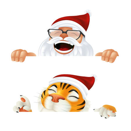 Funny cartoon Santa Claus and Tiger - symbol of the year by Chinese calendar. Laughing and smiling Christmas characters peeking from behind the horizontal corner or a sign isolated on white backgroundのイラスト素材