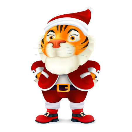 Cute and funny cartoon Tiger character in Santa's costume - symbol of the year by Chinese Eastern calendar. Vector illustration of a smiling mascot in Christmas clothes isolated on a white backgroundのイラスト素材
