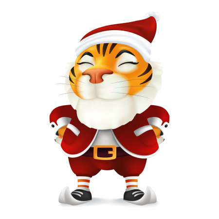 Cute and funny cartoon Tiger character in Santa's costume - symbol of the year by Chinese Eastern calendar. Vector illustration of a smiling mascot in Christmas clothes isolated on a white backgroundのイラスト素材