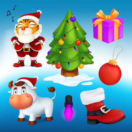 Vector set of cartoon Christmas characters and decoration elements: a tree, gift box, red boot, garland lamp, ball, Tiger in Santa's costume, white bull - a symbol of the year by Chinese calendarのイラスト素材
