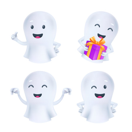 Funny Halloween ghost in various poses and facial emotions. Friendly phantom icons. 3D characters vector set of a cute white soul in a white textile cloth isolated on a light backgroundのイラスト素材