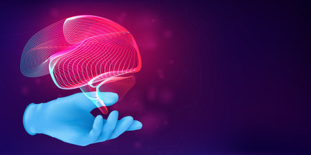 Human brain 3D silhouette on a doctor's hand in a realistic rubber glove. Anatomical medical concept with the contour of a human organ on abstract background. Vector illustration in neon lineart styleのイラスト素材