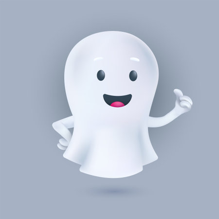 Funny cartoon flying ghost smiling and showing a thumbs up. Friendly phantom icon. Happy Halloween 3D character. Vector illustration of a soul in a white textile cloth isolated on a light backgroundのイラスト素材