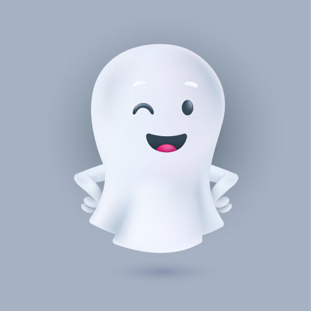 Smiling and winking ghost with hands on the sides pose. Friendly phantom icon. Happy Halloween 3D character. Vector illustration of cute soul in a white textile cloth isolated on a light backgroundのイラスト素材