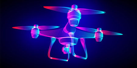 Flying drone with an aerial photo or action video camera. Outline vector Quadrocopter wireframe in a fluorescent neon line art style. 3D abstract illustration on a dark blue backgroundの写真素材