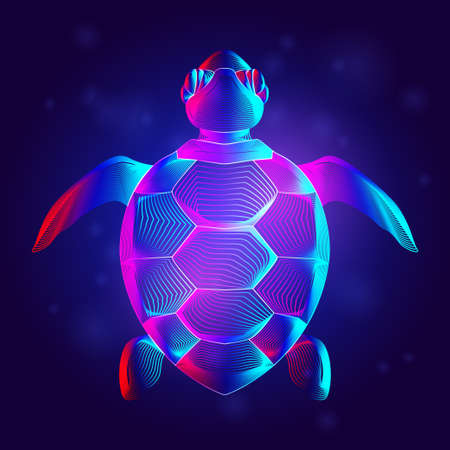 Sea turtle silhouette in neon line art style. Abstract hologram or a digital outline of a swimming tortoise. 3D vector illustration of a wild ocean turtle top view on a dark blue backgroundのイラスト素材