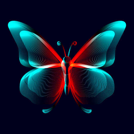 Butterfly neon silhouette in line art style. 3D vector illustration of glowing papillon contour top view isolated on a dark backgroundのイラスト素材