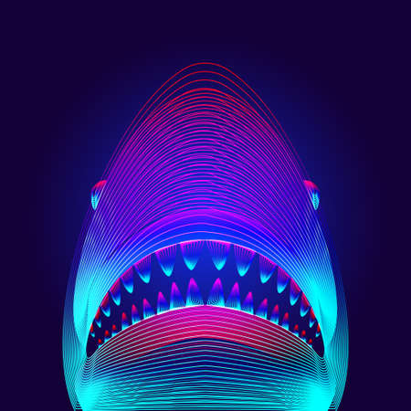 Dangerous shark head with opened mouth and jaws. 3D virtual hologram of a big white or tiger shark silhouette in neon line art style. Vector digital illustration of underwater sea fish outlineのイラスト素材