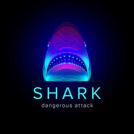 Shark dangerous attack. Abstract head of a whale or a tiger shark with opened mouth and jaws. 3D vector illustration of a big underwater sea fish silhouette in neon line art style on a dark backgroundのイラスト素材