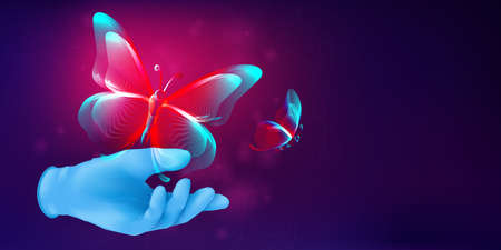 Butterfly silhouette flying away from human hand in a realistic rubber glove. 3D vector illustration with an abstract outline of moth. Metamorphosis concept horizontal banner in neon line art styleのイラスト素材