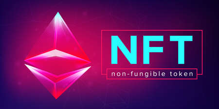 NFT non fungible token horizontal banner in neon line art style. 3D vector illustration with abstract pyramid wireframe. Blockchain technology website header in digital crypto art design conceptのイラスト素材