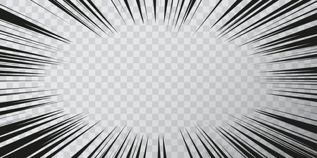 Manga effect action frame in comics book style. Black and white vector illustration of motion radial lines isolated on a transparent backgroundのイラスト素材