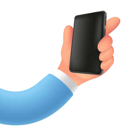 Elastic cartoon hand with a smartphone, 3D render. Funny character hand holding a mobile phone with an empty space on the device screen. Realistic vector icon template isolated on a white backgroundのイラスト素材