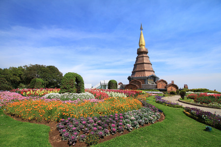 Chiangmai famous place the beautiful Pagoda on the top of Inthanon mountain under blue sky, Chiang Mai, Thailandの写真素材