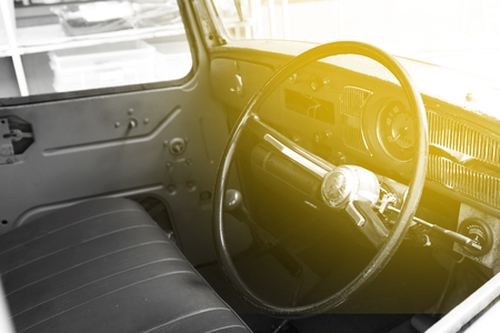 Interior of classic vintage car.The interior in a convertible retro car. dashboard in interior of old classic automobile.の写真素材