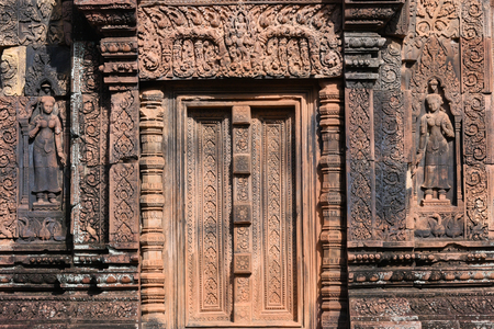 Banteay Srei temple Khmer architecture in siem reap .Banteay Srei is one of the most popular ancient temples in Siem Reap, Banteay Srei, known for its beautiful carvings on red sandstone Cambodiaの写真素材