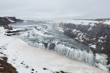 Gullfoss waterfall in Winter. beautiful waterfall Gullfoss, famous landmark in Icelandの写真素材