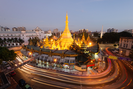 The Sule Pagoda is a Burmese stupa located in the heart of downtown Yangon.Another name in Burmese as the Kyaik Athok Zedi, is surrounded by busy streetsのeditorial素材