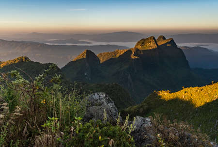 The view of Doi Luang Chiang Dao limestone mountain in Chiang Dao Wildlife Reserve area, A popular tourist attraction of Chiang Mai Province, Thailandの写真素材