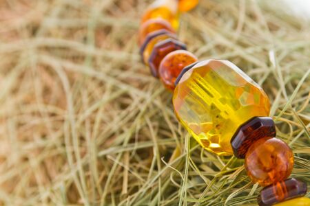 close-up shot of a amber bracelet on bird nestの写真素材