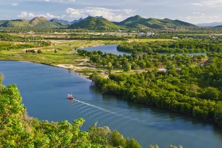 viewpoint of pranburi river on mountain background,thailandの写真素材