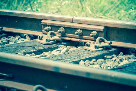 Close up of old joint railway trackの写真素材